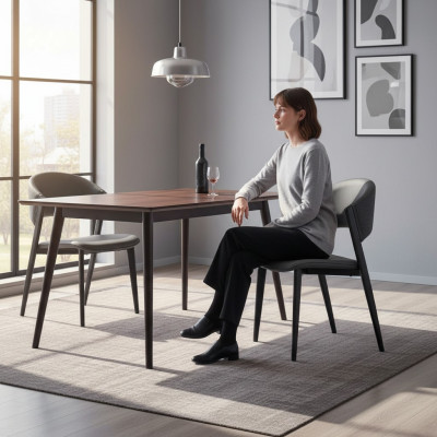Grijze leren stoel, elegante eetkamerstoel, gestoffeerde fauteuil, houten stoelen