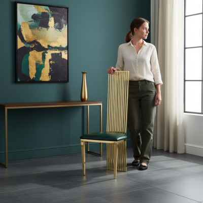 Gouden groene eetkamer hoge stoel Luxe fauteuil hout gestoffeerde stoelen
