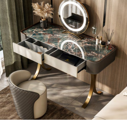 Beige make-uptafel, designer kaptafels, luxueuze laden, houten meubels.