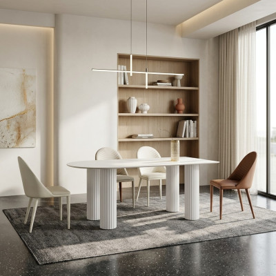Eetkamer meubels Halfronde eettafel 4x witte bruine stoelen Luxe set