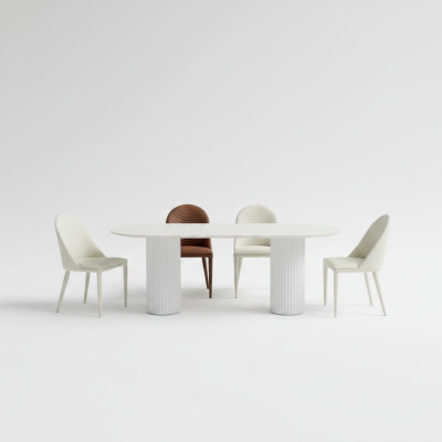 Eetkamer meubels Halfronde eettafel 4x witte bruine stoelen Luxe set