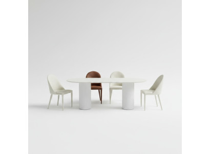 Eetkamer meubels Halfronde eettafel 4x witte bruine stoelen Luxe set