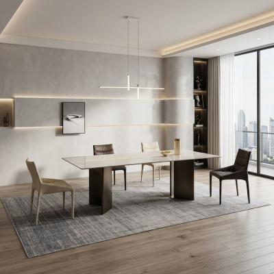 Groot eetkamerset Rechthoekige witte eettafel 4x stoffen stoelen 5-delige