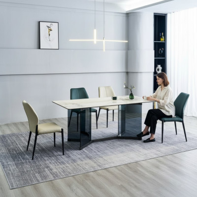 Moderne eetkamerset, ontwerper eettafel, 6 gestoffeerde stoelen, 7-delige set.