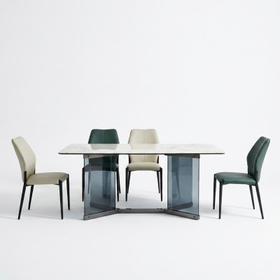 Moderne eetkamerset, ontwerper eettafel, 6 gestoffeerde stoelen, 7-delige set.