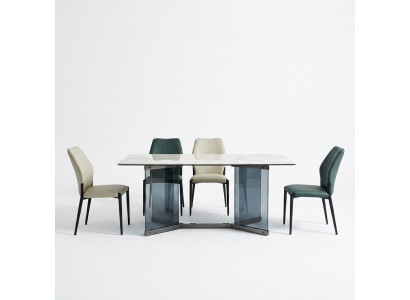 Moderne eetkamerset, ontwerper eettafel, 6 gestoffeerde stoelen, 7-delige set.