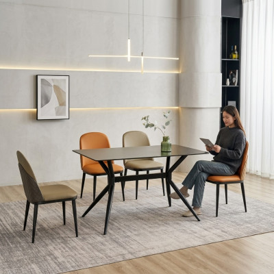 Eetkamerset Designer Grijze Eettafel Oranje Stoelen 6x Eenpersoons 7-delig