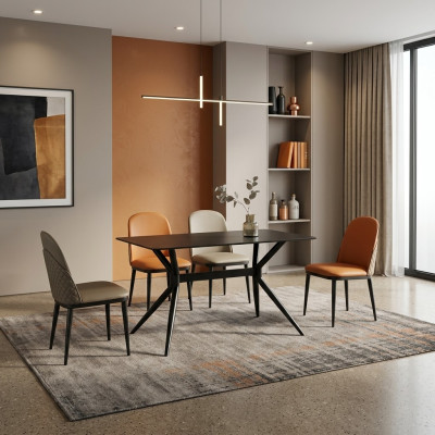Eetkamerset Designer Grijze Eettafel Oranje Stoelen 6x Eenpersoons 7-delig
