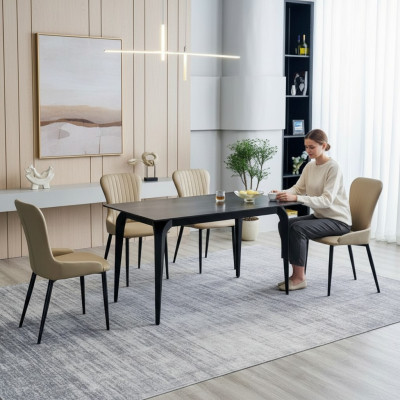 Eetkamermöbel ontwerper zwarte tafel roestvrij staal luxe gestoffeerde stoelen