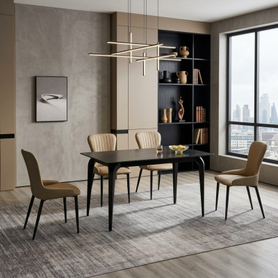 Eetkamermöbel ontwerper zwarte tafel roestvrij staal luxe gestoffeerde stoelen