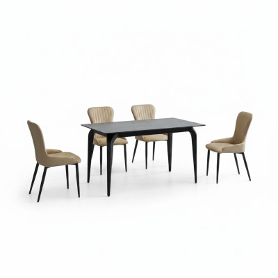 Eetkamermöbel ontwerper zwarte tafel roestvrij staal luxe gestoffeerde stoelen