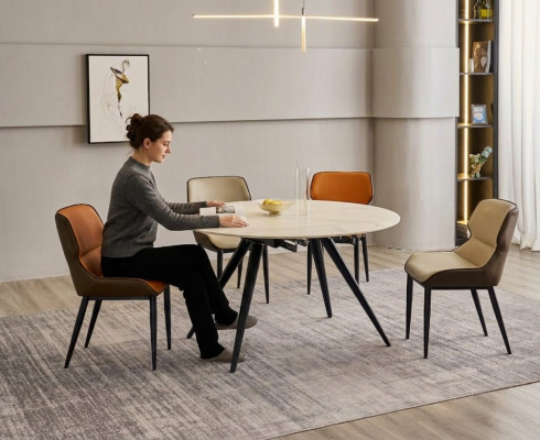 Eetkamermeubelen Luxe Ronde tafel 6x Stoffen stoelen Eetkamerset 7-delig