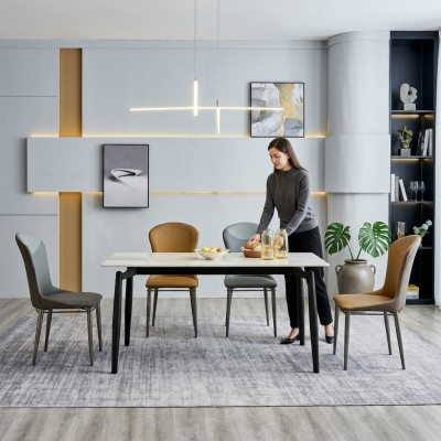 Eetkamerset Ontwerper Witte Eettafel 4x Leren Stoelen Groep van 5 delen