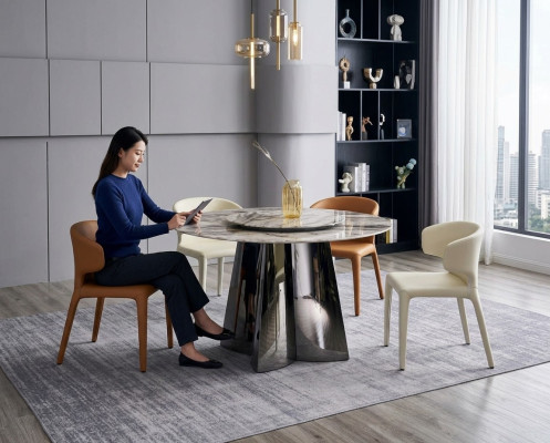 Ontwerper Ronde Tafel Luxe 4x Leren Stoelen Eetkamerset Moderne Meubels