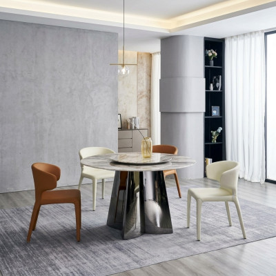 Ontwerper Ronde Tafel Luxe 4x Leren Stoelen Eetkamerset Moderne Meubels