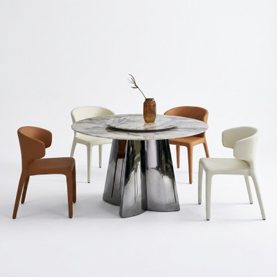 Ontwerper Ronde Tafel Luxe 4x Leren Stoelen Eetkamerset Moderne Meubels