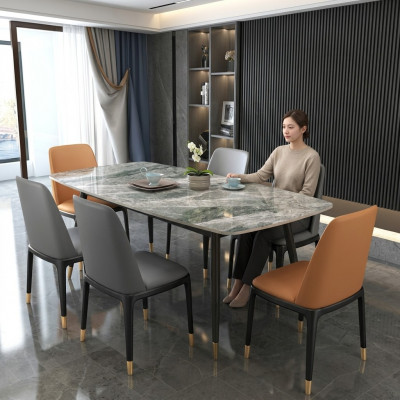 Luxe eettafel met 6 design kunstlederen stoelen, stijlvolle eetgroep.