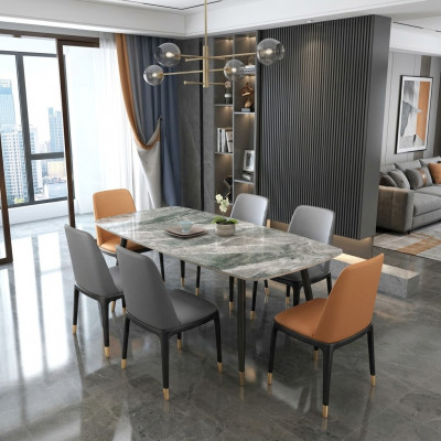 Luxe eettafel met 6 design kunstlederen stoelen, stijlvolle eetgroep.