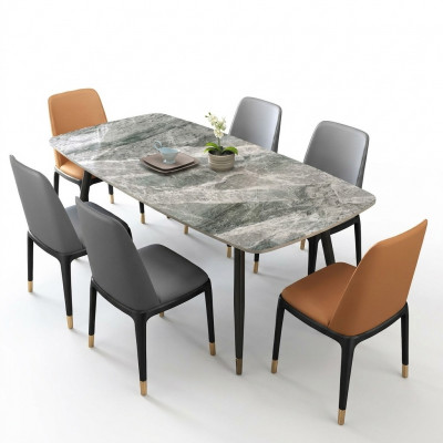 Luxe eettafel met 6 design kunstlederen stoelen, stijlvolle eetgroep.