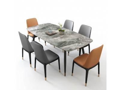 Luxe eettafel met 6 design kunstlederen stoelen, stijlvolle eetgroep.
