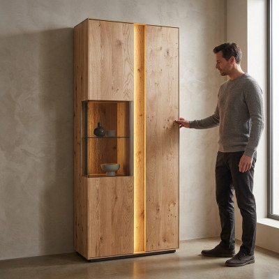 Woonkamer Bruine houten vitrine LED-vitrine Houten kast Glazen kast Nieuw