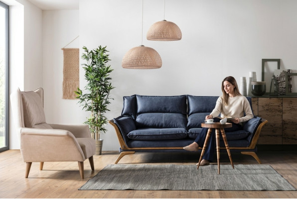 Blauw-witte woonkamerbankstel driepersoons luxe fauteuil bankstel 2-delig