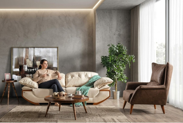 Wit-bruin woonkamerbankstel Designer Driezits Luxe Fauteuil