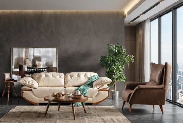 Wit-bruin woonkamerbankstel Designer Driezits Luxe Fauteuil