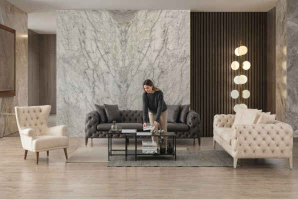 Wit-Grijze Woonkamer Chesterfield Zitbankset 4+3-Zits Luxe Fauteuil