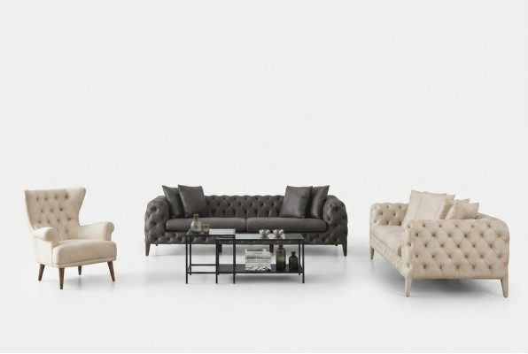Wit-Grijze Woonkamer Chesterfield Zitbankset 4+3-Zits Luxe Fauteuil