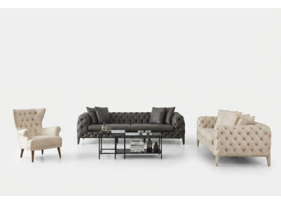 Wit-Grijze Woonkamer Chesterfield Zitbankset 4+3-Zits Luxe Fauteuil