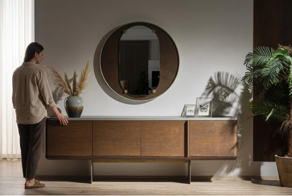 Bruin dressoir Moderne houten meubels Luxe ronde spiegel Woonkamer 2-delig