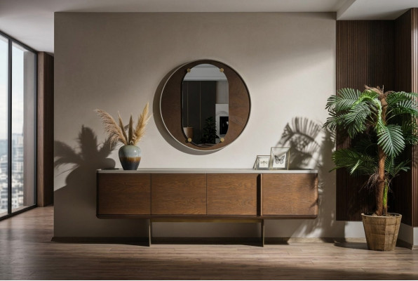 Bruin dressoir Moderne houten meubels Luxe ronde spiegel Woonkamer 2-delig