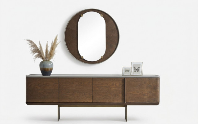Bruin dressoir Moderne houten meubels Luxe ronde spiegel Woonkamer 2-delig
