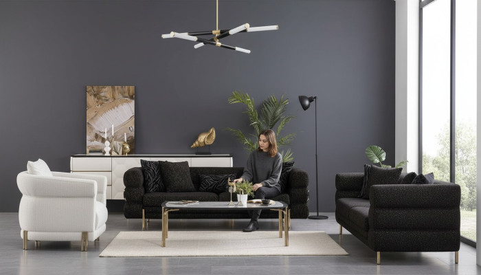 Woonkamerbankstel Designer Zwarte Luxe Driepersoonsbank Witte Fauteuil.