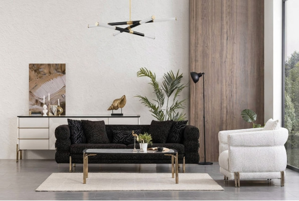 Woonkamerbankstel Designer Zwarte Luxe Driepersoonsbank Witte Fauteuil.