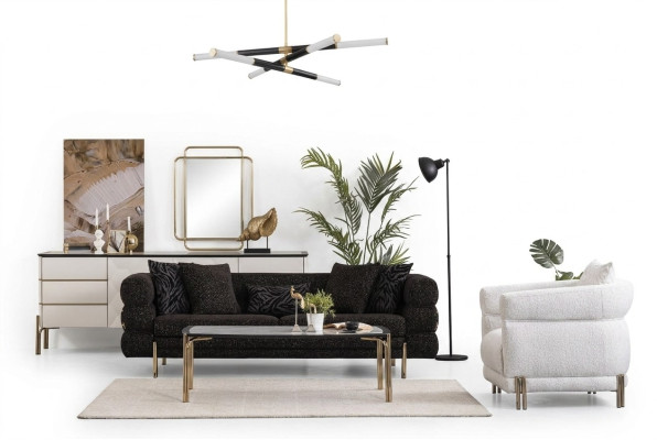 Woonkamerbankstel Designer Zwarte Luxe Driepersoonsbank Witte Fauteuil.