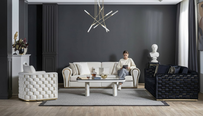 Blauw-beige woonkamerset Luxe bankstel 3+3+1 zits Designbank