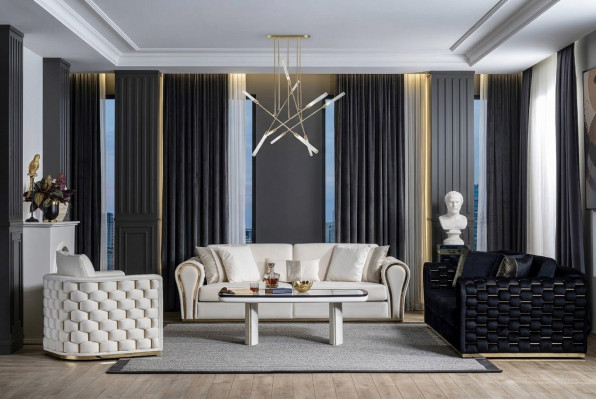 Blauw-beige woonkamerset Luxe bankstel 3+3+1 zits Designbank