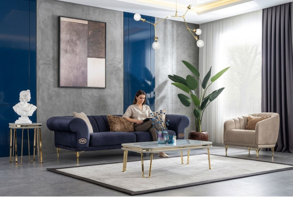 Moderne Blau-Beige bankstel Designer 3+1 -Zits Luxe Woonkamer Fauteuil
