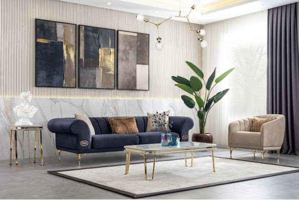 Moderne Blau-Beige bankstel Designer 3+1 -Zits Luxe Woonkamer Fauteuil