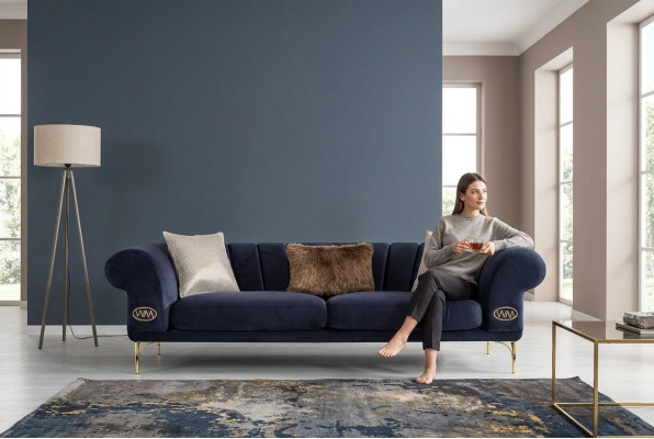 Blauwe woonkamer bank ontwerper 3-zits gestoffeerde bank zitmeubel nieuw