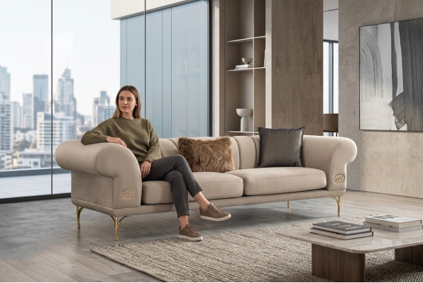 Beige driezits luxe gestoffeerde bankstel woonkamer zitmeubelen 3-zits nieuw