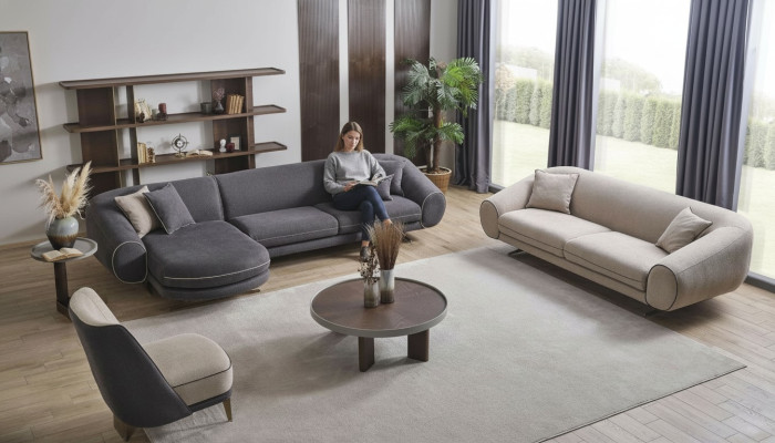 Modern woonkamerset Grijze hoekbank L-vorm 3-zits gestoffeerde fauteuil