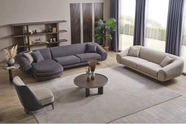 Modern woonkamerset Grijze hoekbank L-vorm 3-zits gestoffeerde fauteuil