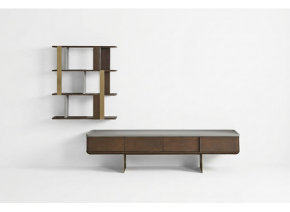 Bruine woonkamerset, stevige tv-kast, ontwerphouten legplanken.