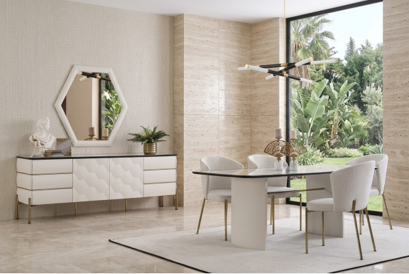 Stijlvolle eetkamerset Grote eettafel 4x stoelen Dressoir Spiegel