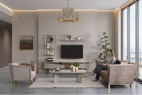 Grijze woonkamer houten meubels, ontwerper tv-kast, wandkasten, woonkamer meubels.