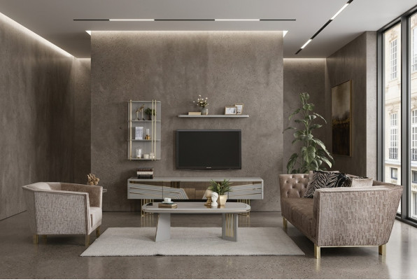 Grijze woonkamer houten meubels, ontwerper tv-kast, wandkasten, woonkamer meubels.
