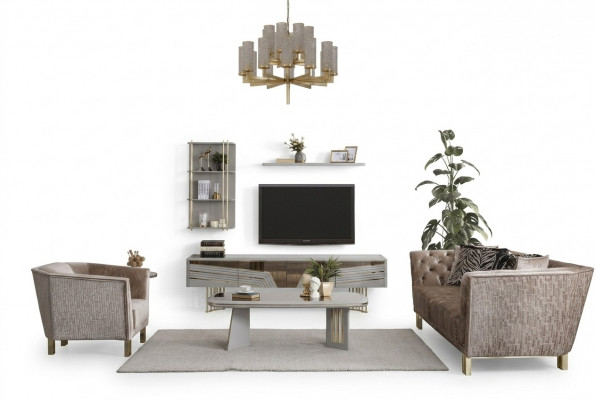 Grijze woonkamer houten meubels, ontwerper tv-kast, wandkasten, woonkamer meubels.